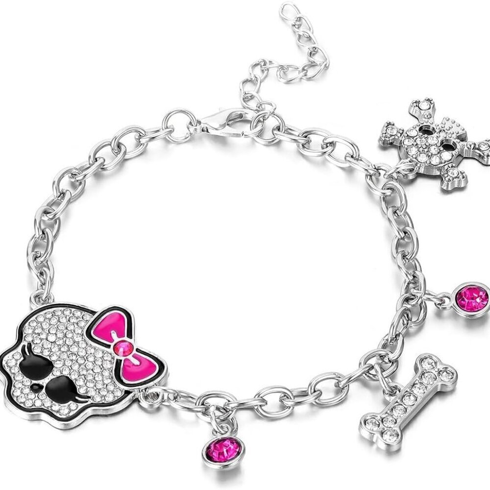 Y2K Pink Skull Bracelet Women Rhinestone Bone Charm Bangle Jewelry Gift